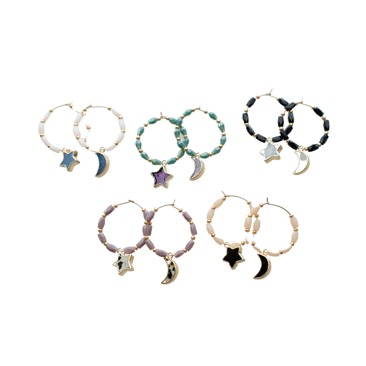 Star and Moon Gemstone Beaded Hoops