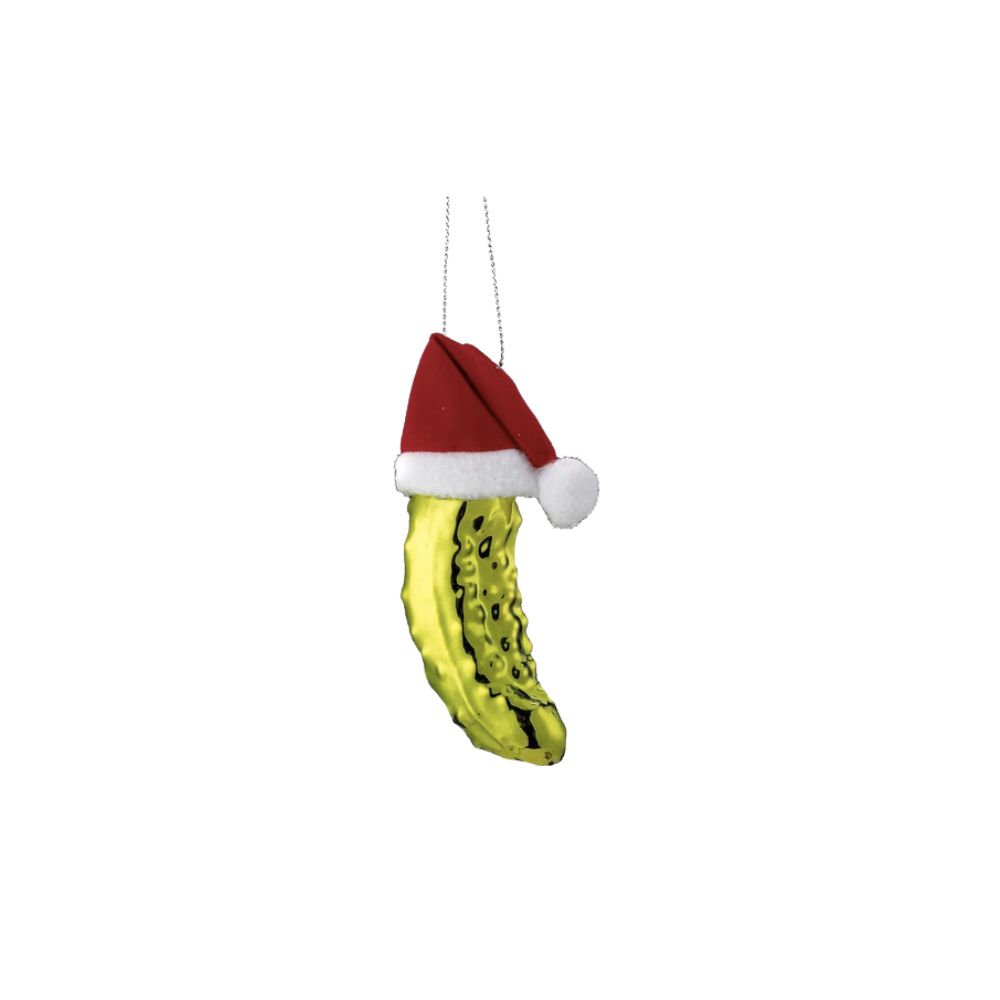 Pickle In Santa Hat Glass Ornament