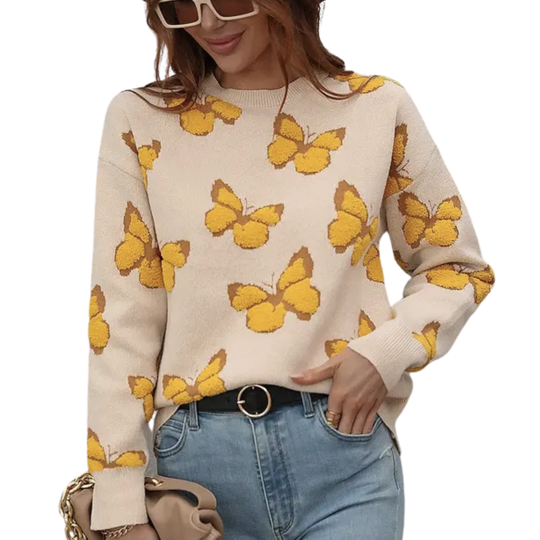 Butterfly Printing Long Sleeve Casual Sweater