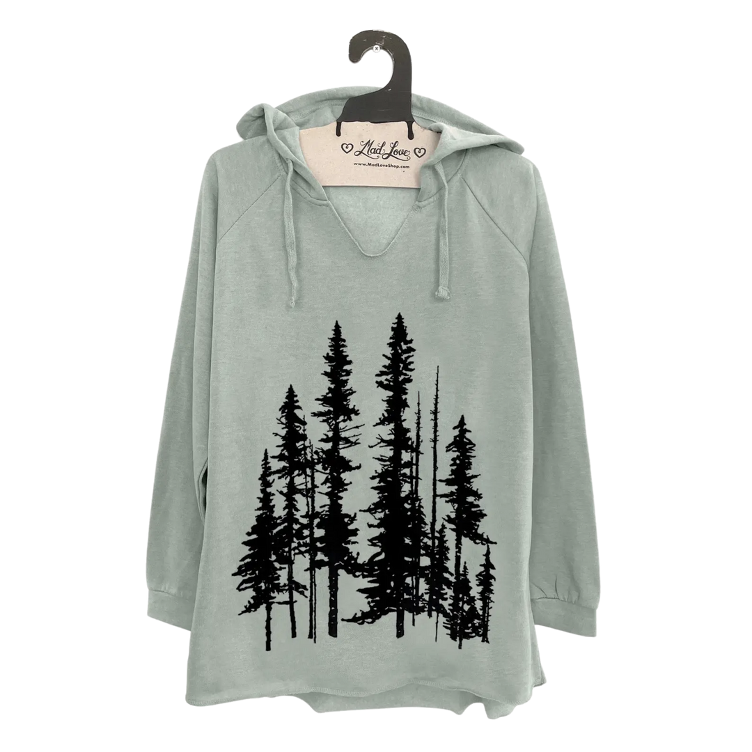 Sage Green Fleece V-Notch Beach Pullover Hood w/ Evergreens