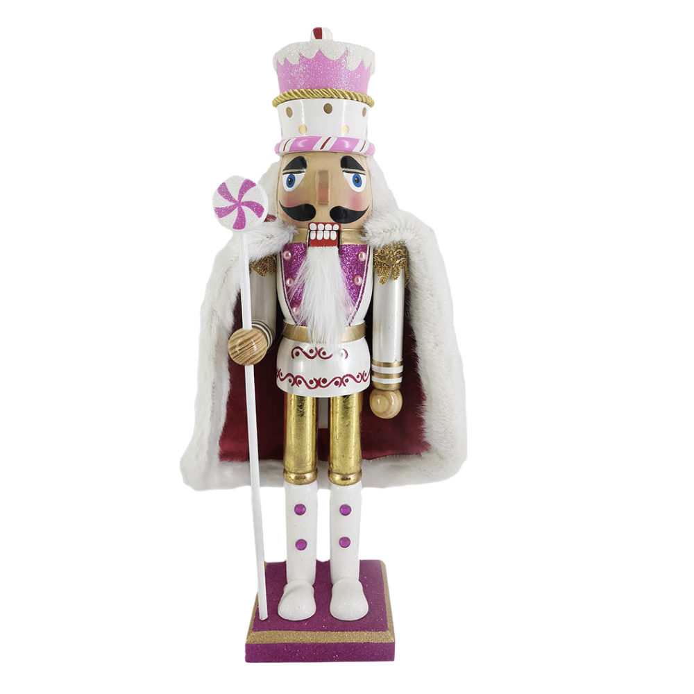 Pink Cake Hat King Nutcracker with White Velvety Cape 15 inch