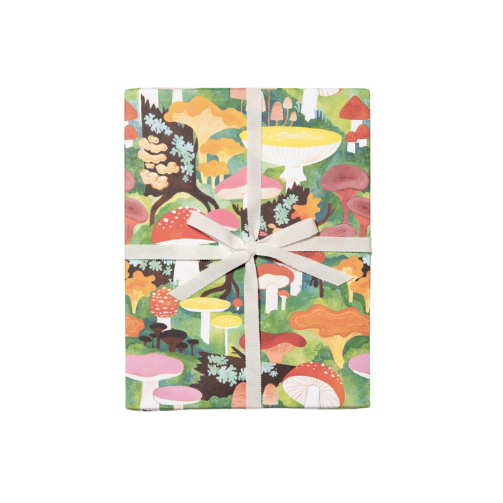 Colorful mushroom illustration. Sheet - Single (1) 19 x 27 inch sheet   Roll - Three (3) 19 x 27 inch sheets of flat wrap, rolled and sealed together.   Illustrated by Kelsey Garrity Riley.