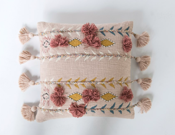 Square Cotton Embroidered Throw Pillow w/ Tassels & Applique
