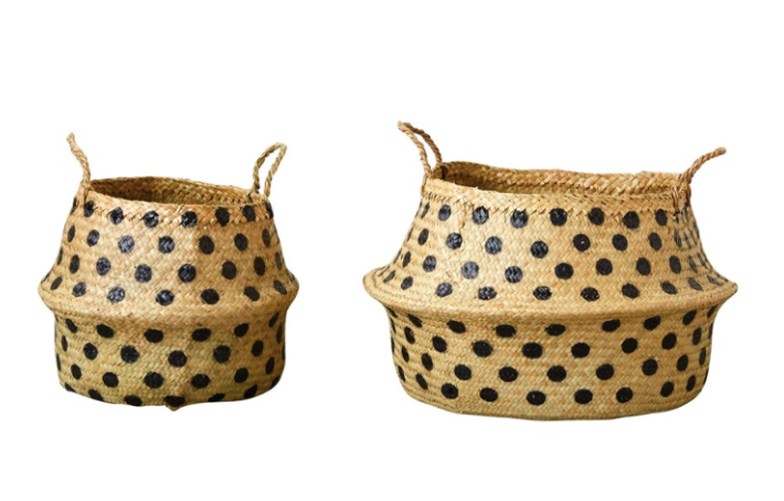 Round Wicker Collapsible Basket w/ Black Dots