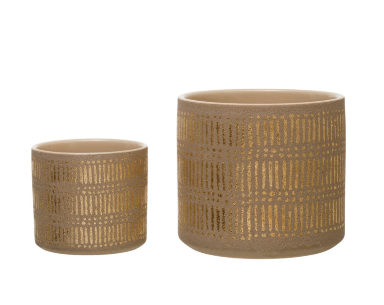 Stoneware Planter with Gold Design