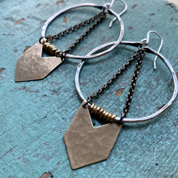 Medium Warrior Earrings- Silver Hoops, Brass Chevron