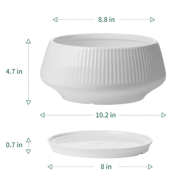 8.8 Inch Large Ceramic Plant Pot with Saucer - White