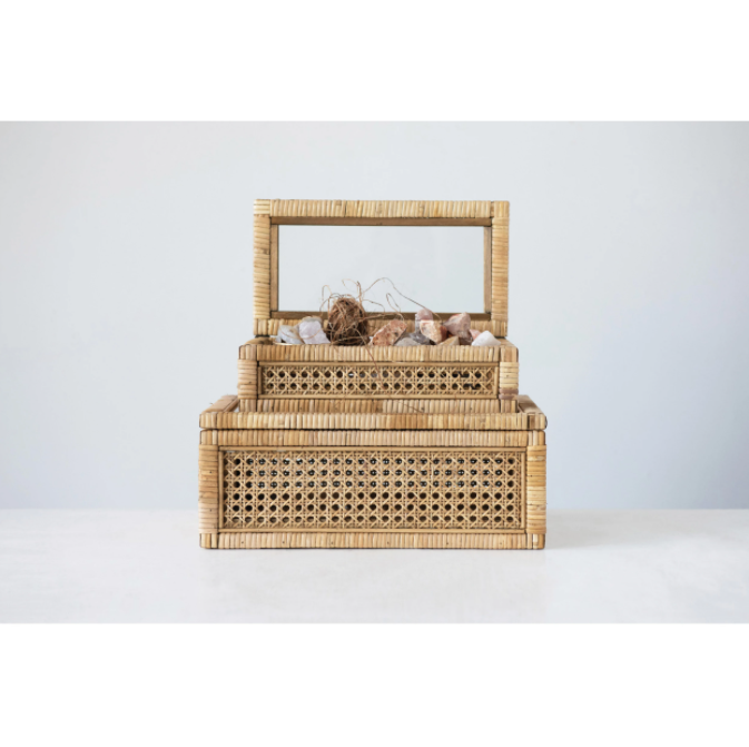 Rattan Wood Display Box with Glass Lid