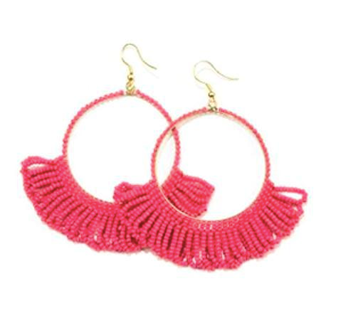 Fringe Hoop Seed Bead Earrings 3.5"