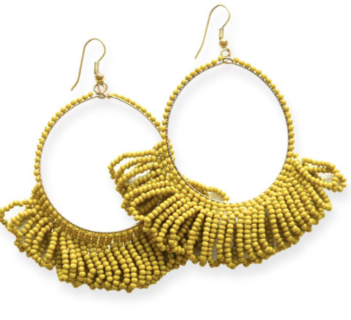 Fringe Hoop Seed Bead Earrings 3.5"