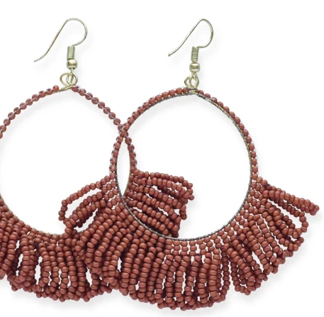 Fringe Hoop Seed Bead Earrings 3.5"