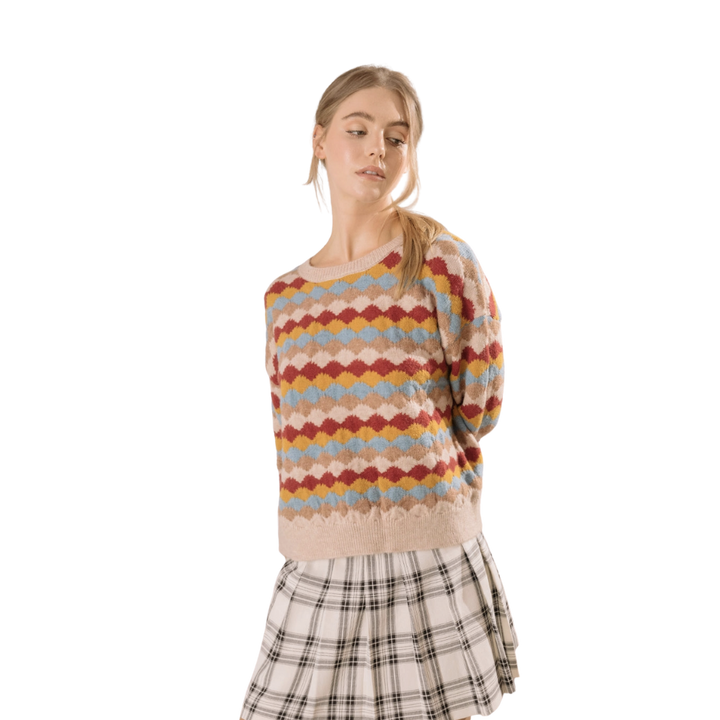Wavy Multi Color Block Print Pullover Sweater