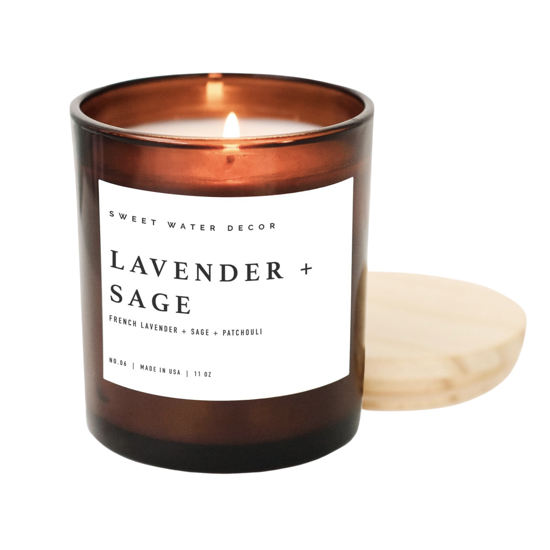 Lavender + Sage Soy Candle | Amber Jar Candle + Wood Lid