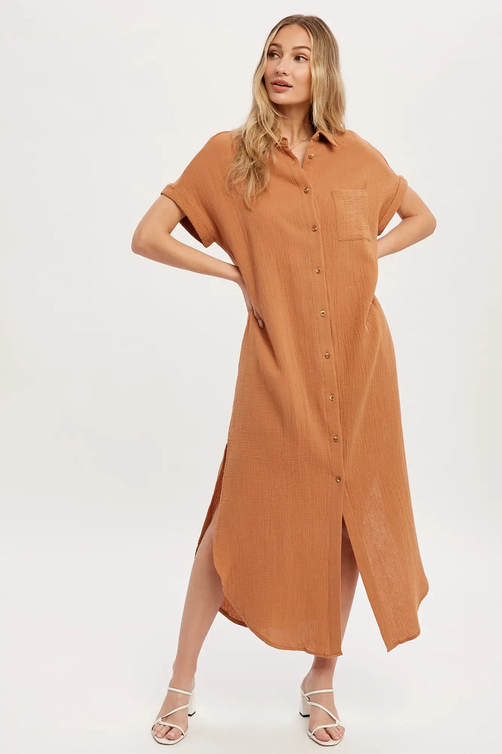 Button Up Maxi Shirt Dress - Camel