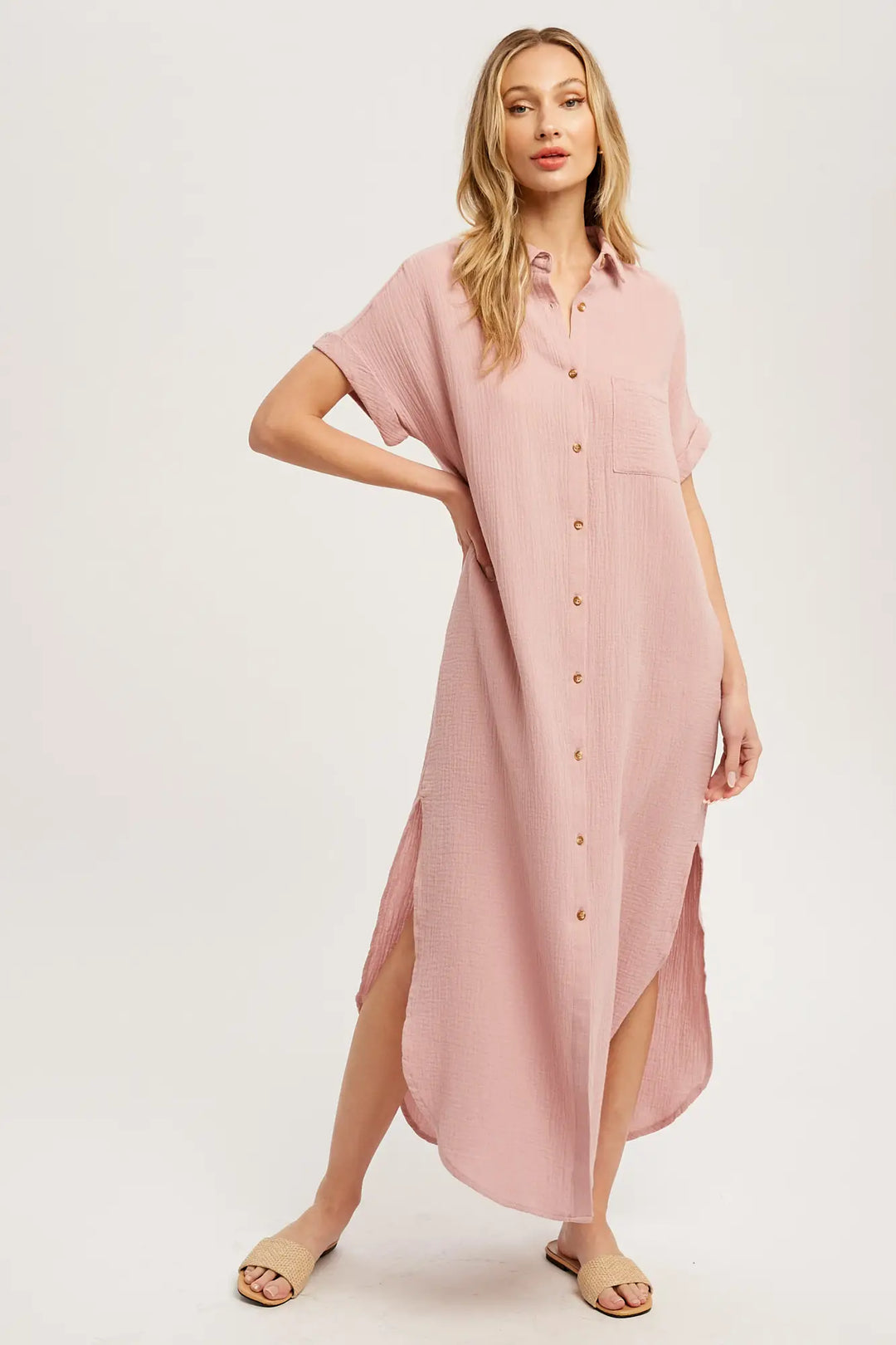 Button Up Maxi Shirt Dress - Dusty Pink
