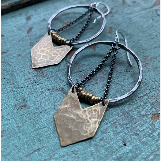 Small Warrior Earrings - Silver Hoops, Brass Chevron