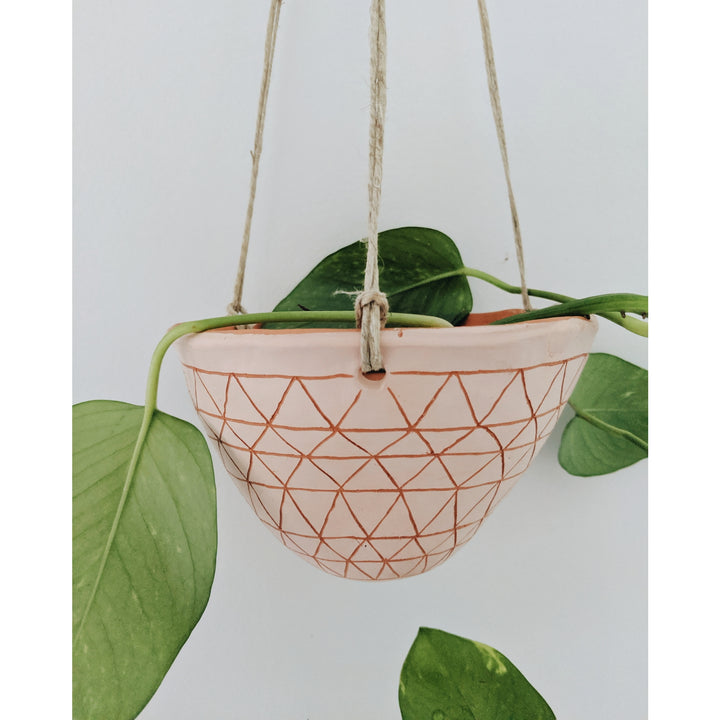 Geometric Frieze Hanging Planter in Pink & Terracotta