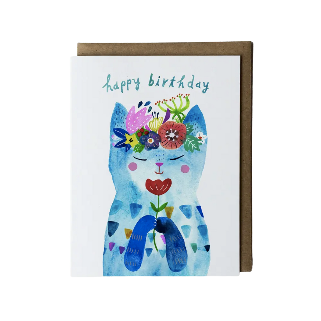 Blue Flower Kitty Birthday Card