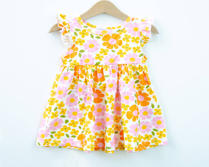 Yellow Retro Flower Flutter Tunic Dress