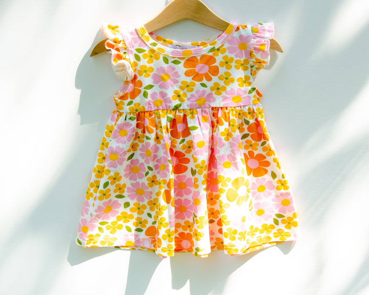 Yellow Retro Flower Flutter Tunic Dress