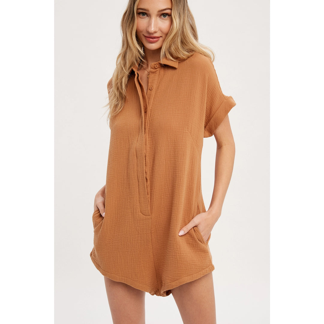 Button Up Shirt Romper - Camel