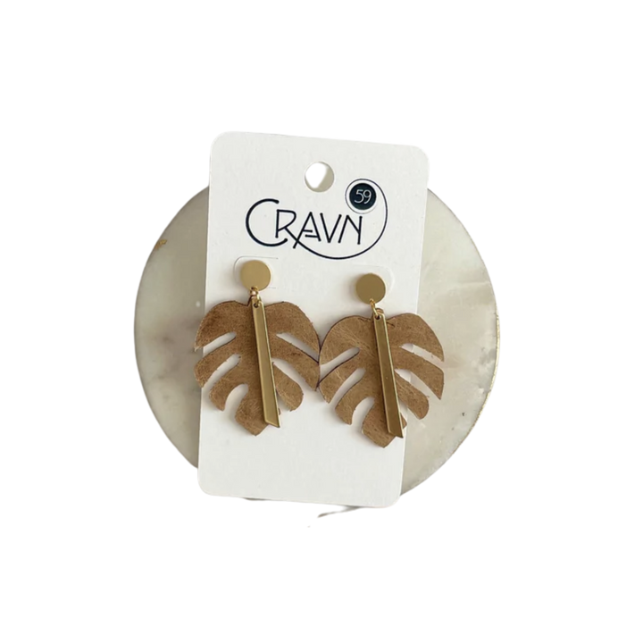 Monstera Brass and Leather Dangle Earrings