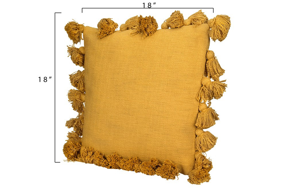 Mustard Square Cotton Throw Pillow with Tassels