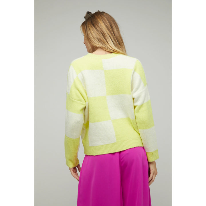 Monochrome Big Checker Fuzzy Block Sweater Top Neon Yellow