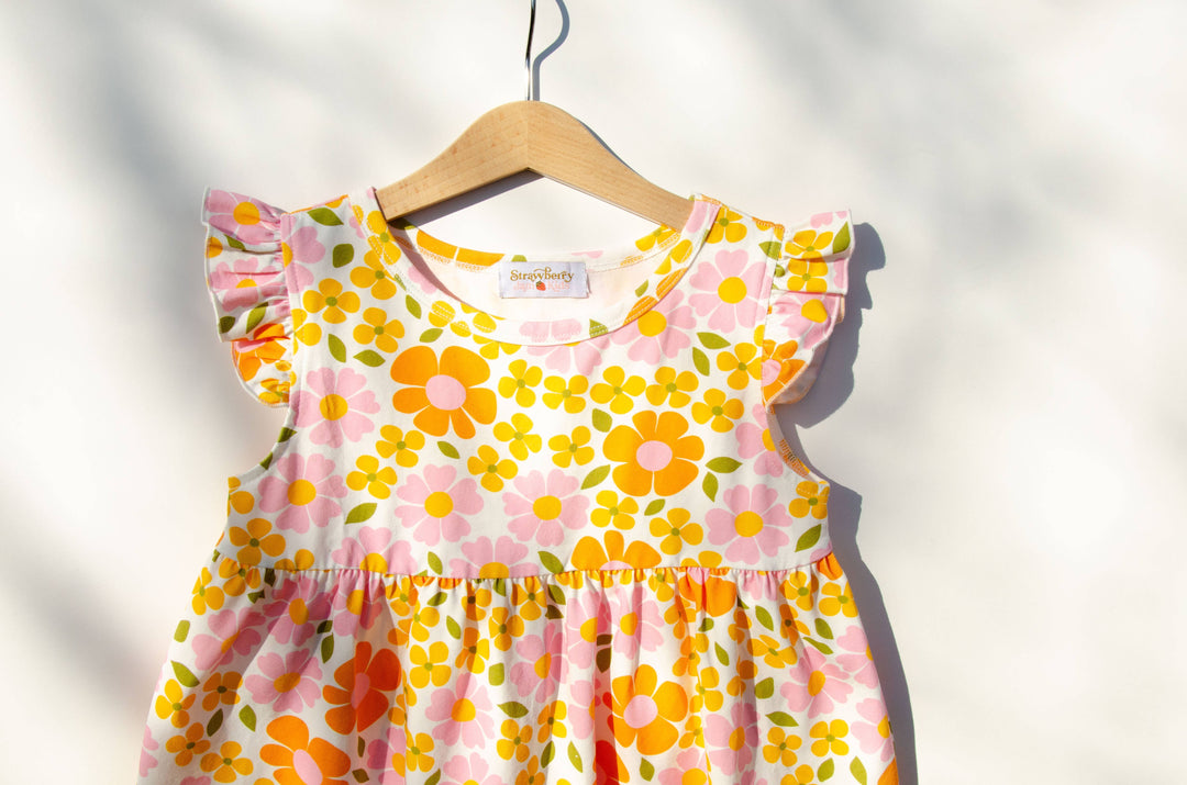 Yellow Retro Flower Flutter Tunic Dress