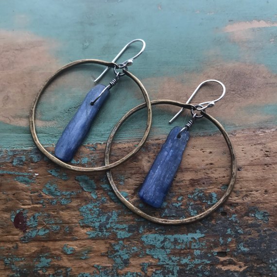 Brass Kyanite Circles Earrings - Medium