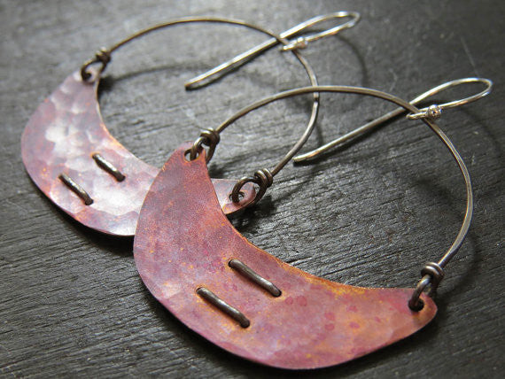 Copper Stitched Crescent Earrings Small