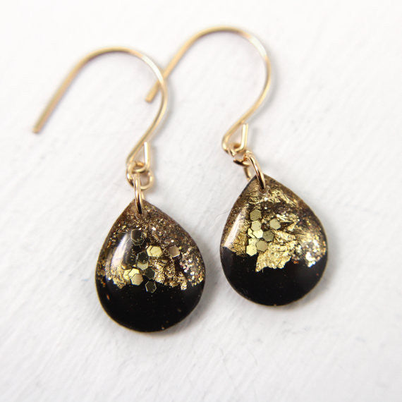 Small Black and Gold Leaf Teardrop Earrings // by Tiny Galaxies - WATERBURY