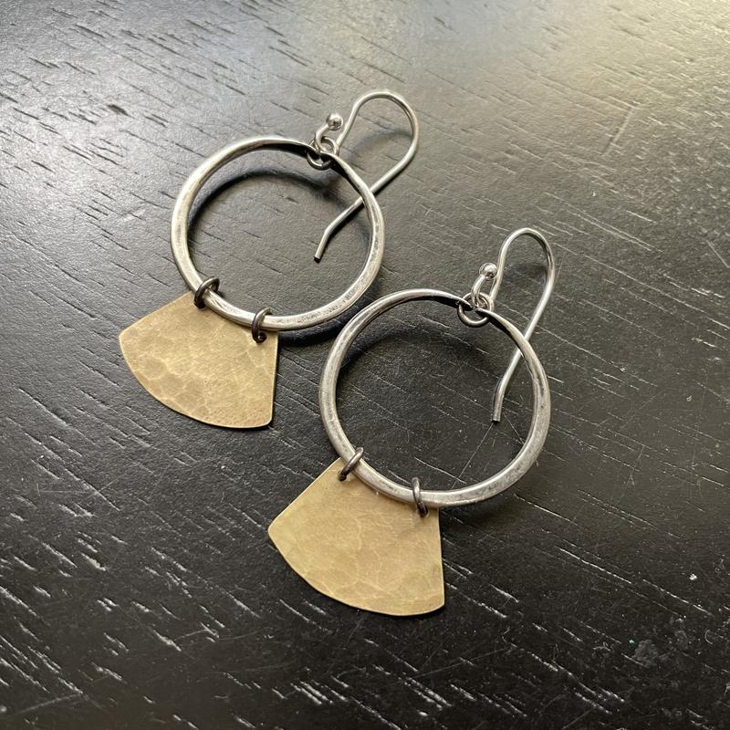 "Keyhole" Mezzaluna Earrings - Silver Hoop w/ Hammered Brass Blade