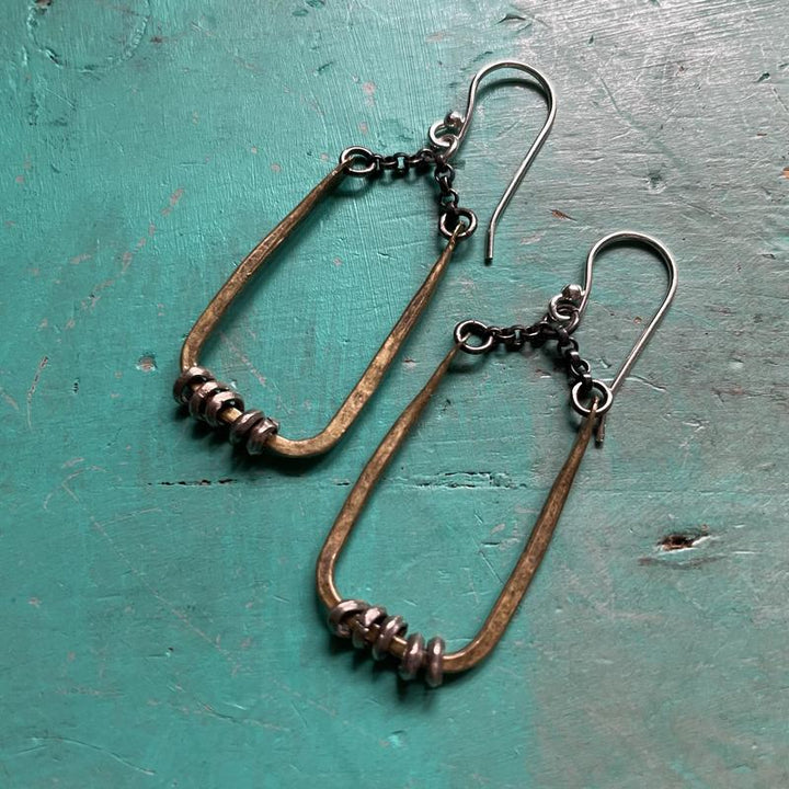 Tiny Forged Brass Rectangular Earrings with Heishi Beads