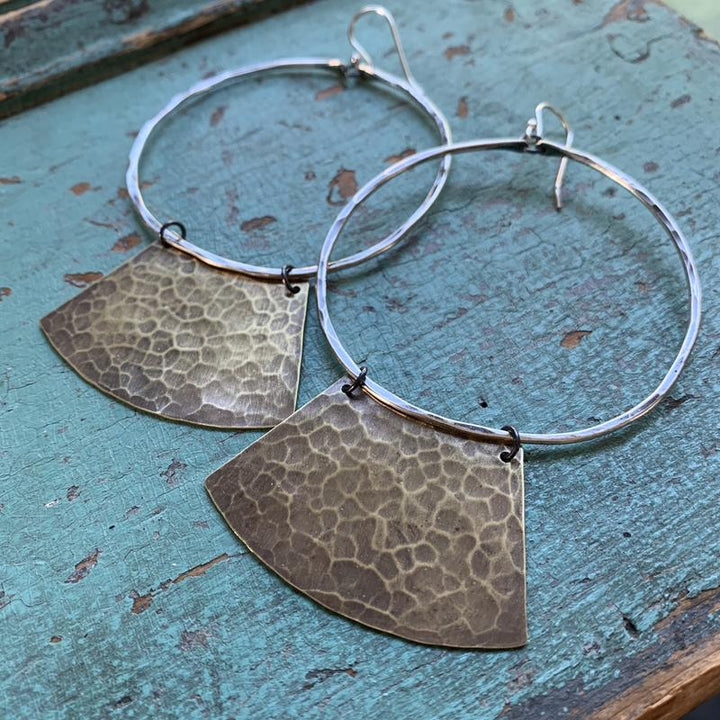 "Keyhole" Mezzaluna Earrings - Silver Hoop w/ Hammered Brass Blade