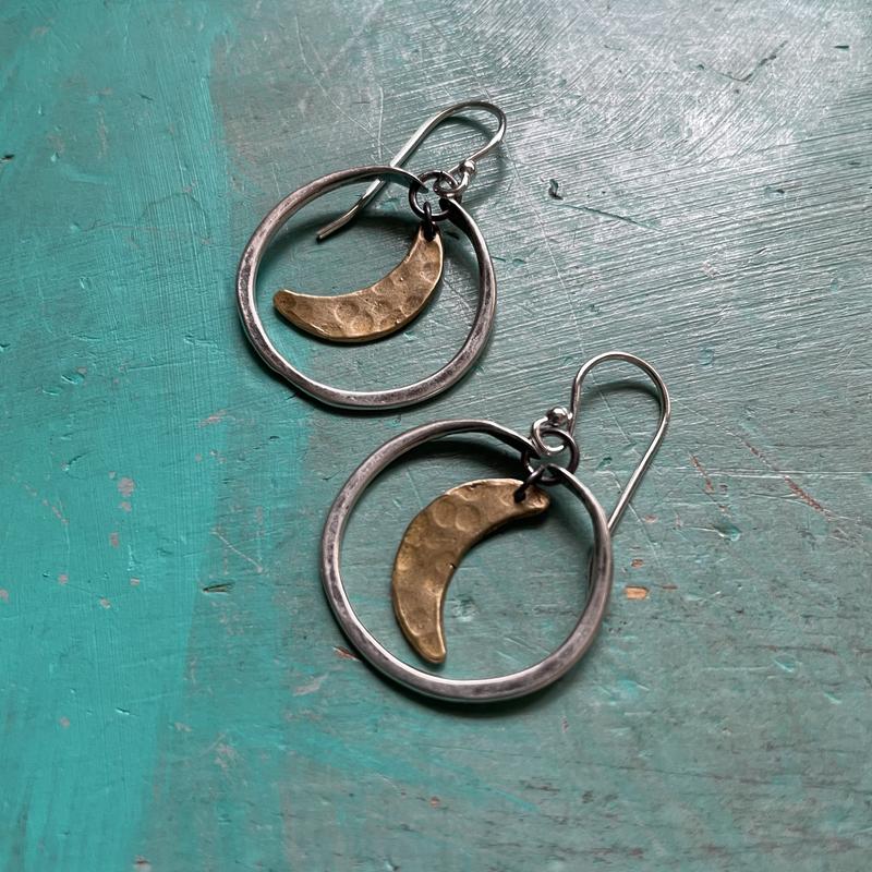 Moon Hoop Earrings - Silver Hoops, Brass Moons