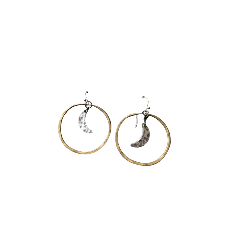 Moon Hoop Earrings - Brass Hoops, Silver Moons