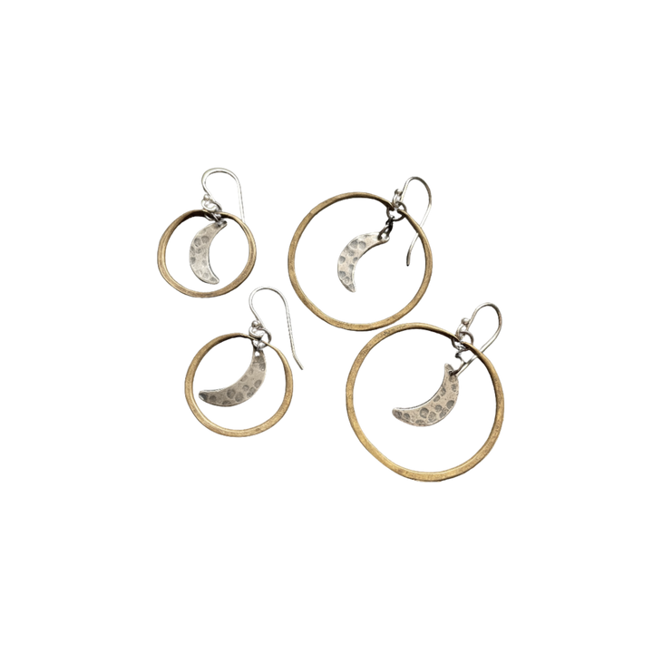 Moon Hoop Earrings - Brass Hoops, Silver Moons