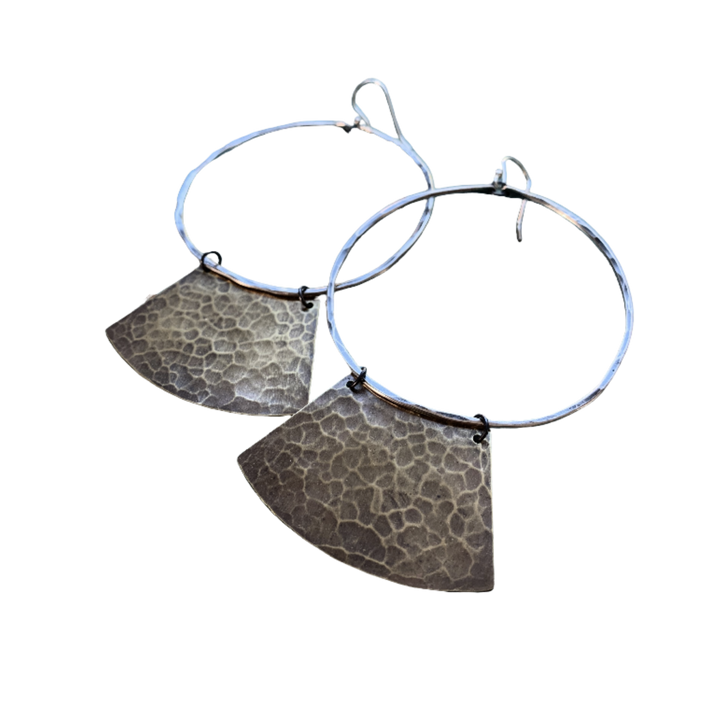 "Keyhole" Mezzaluna Earrings - Silver Hoop w/ Hammered Brass Blade