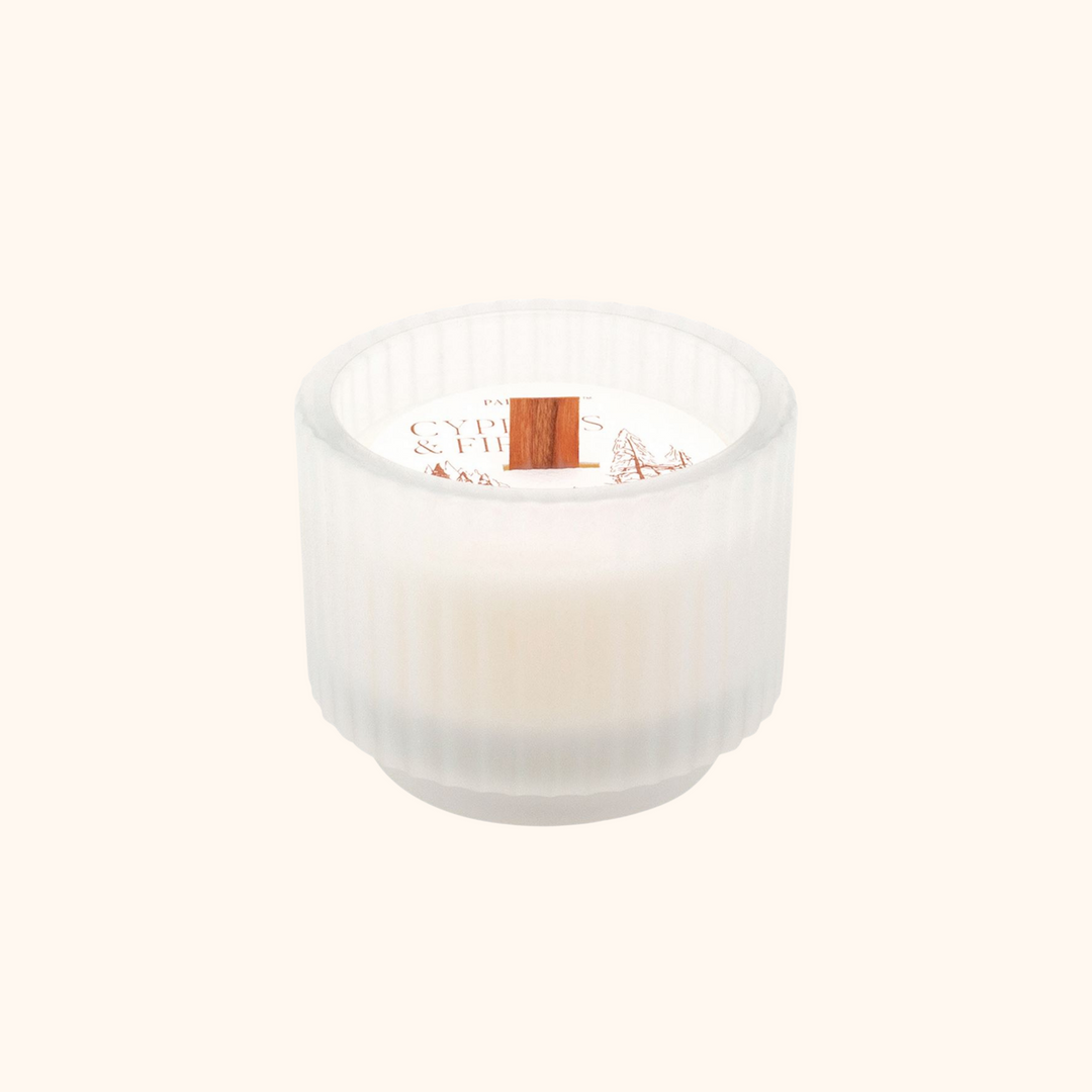 Cypress & Fir 5 OZ Frosted White Footed Ribbed Glass with Wooden Wick & Copper Foil Dust Cover