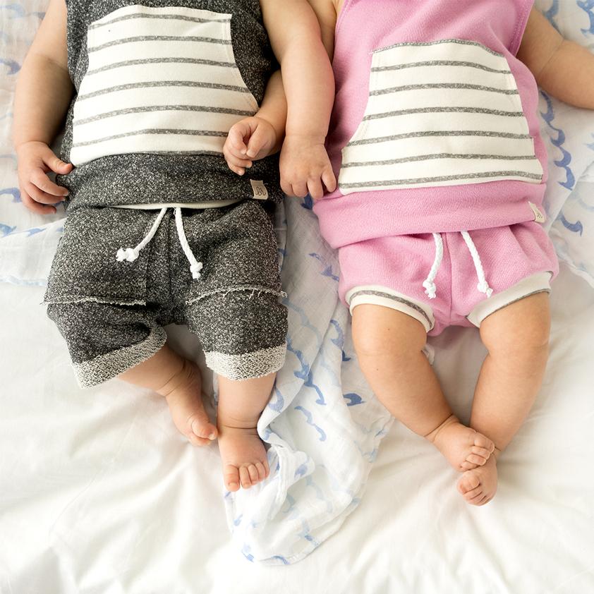 Flamingo and Grey Stripe Beach Shorties