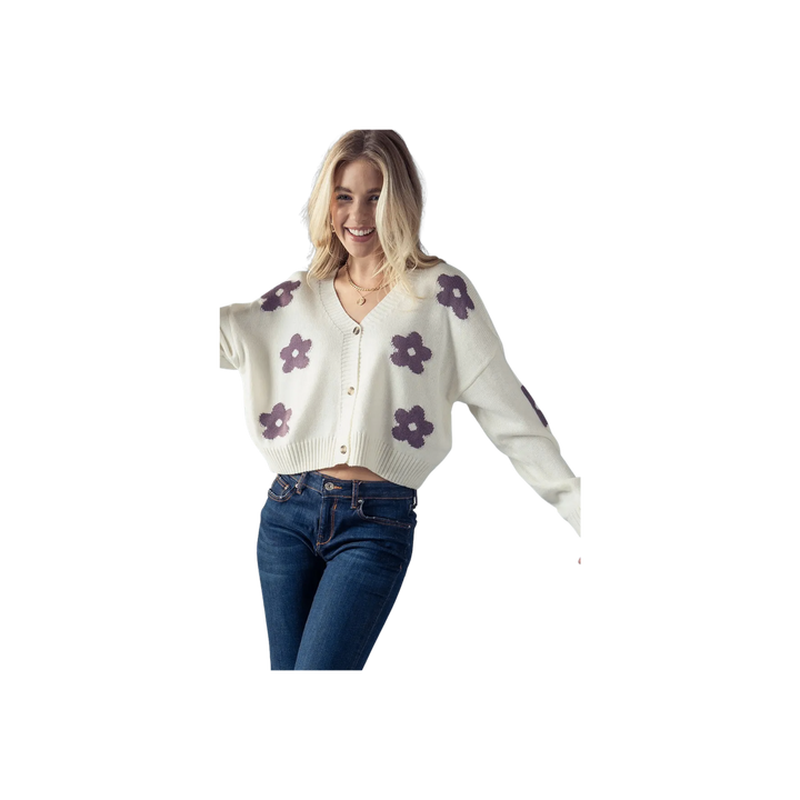 Flower Pattern Long Sleeve Loose Cropped Cardigan