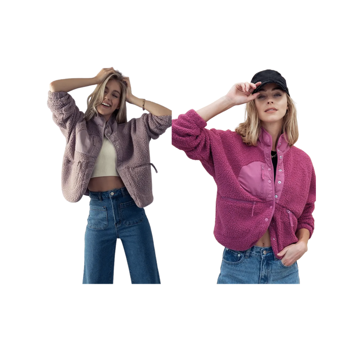 Stand Collar Zip Pocket Button Fleece Crop Jacket