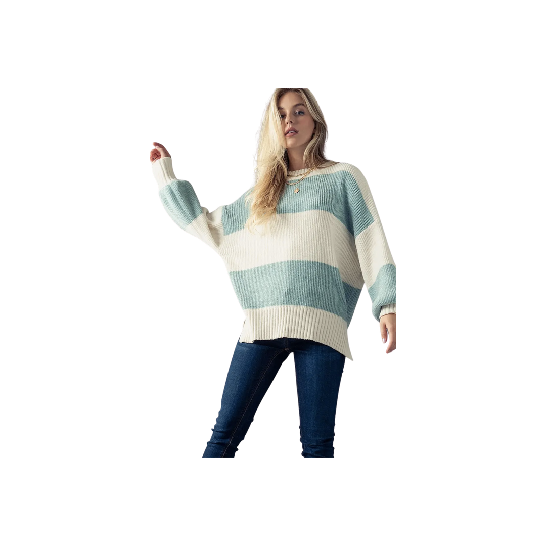 Striped Colorblock Bishop Sleeve Knit Sweater