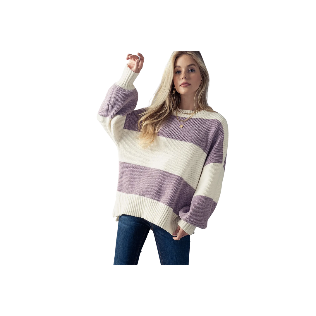 Striped Colorblock Bishop Sleeve Knit Sweater