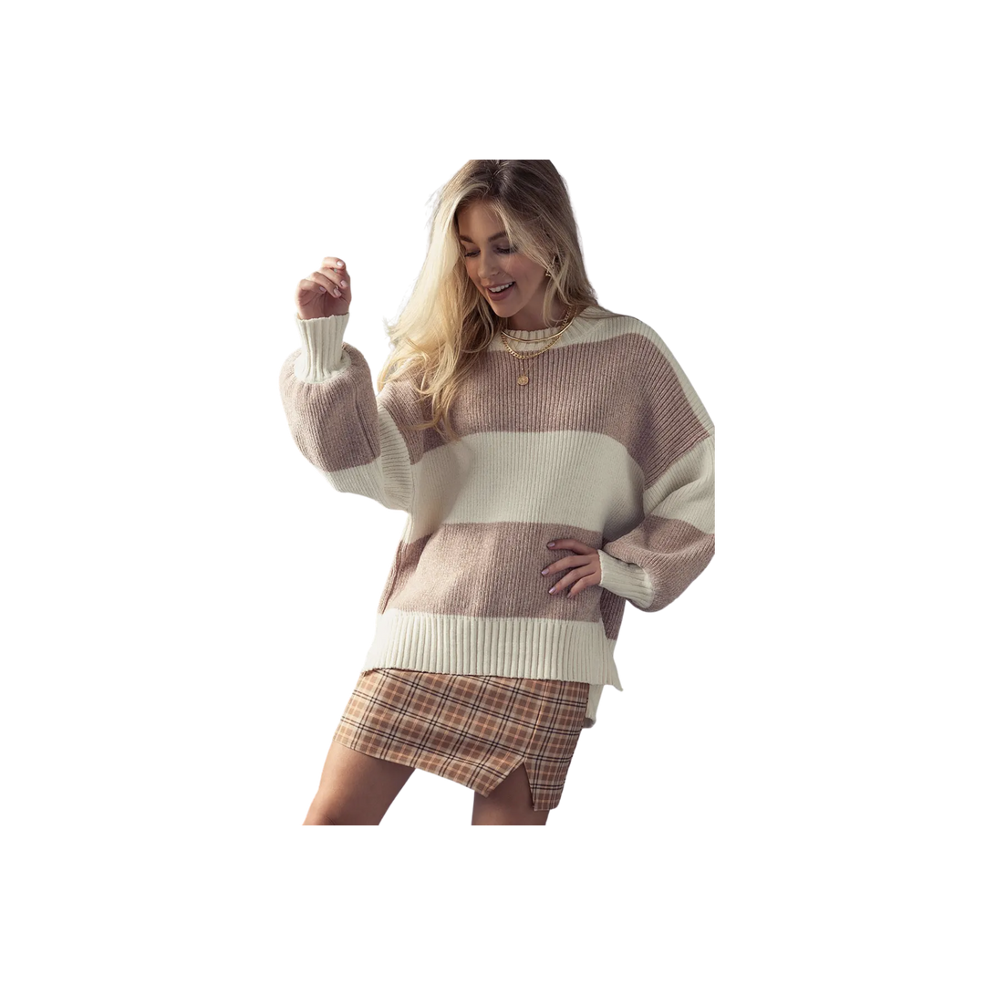 Striped Colorblock Bishop Sleeve Knit Sweater