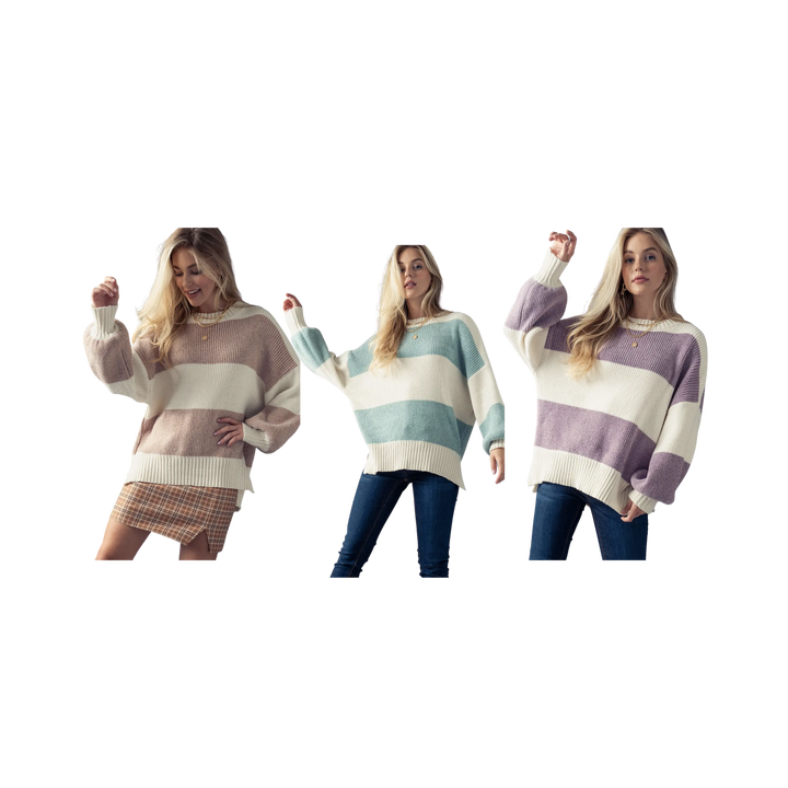 Striped Colorblock Bishop Sleeve Knit Sweater