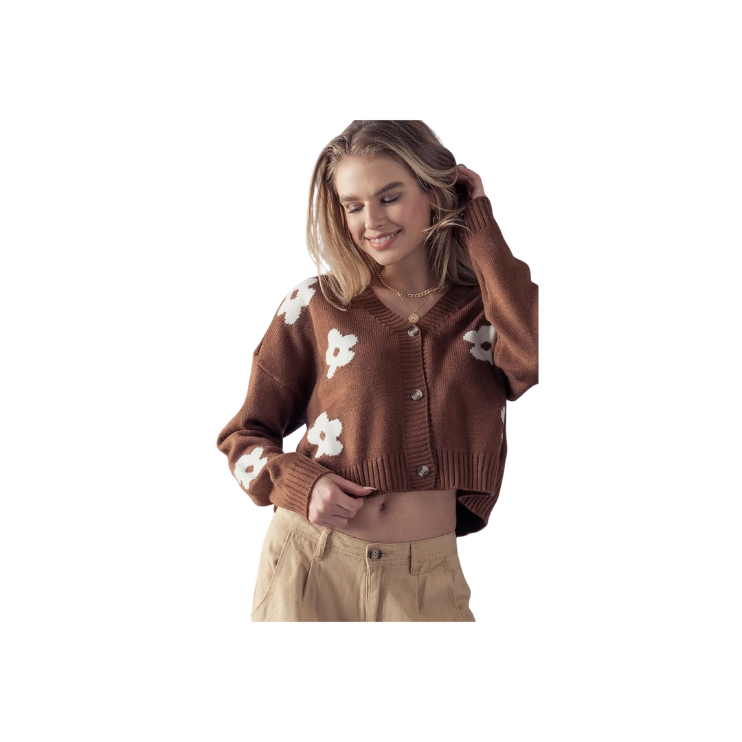 Flower Pattern Long Sleeve Loose Cropped Cardigan