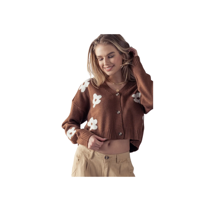 Flower Pattern Long Sleeve Loose Cropped Cardigan