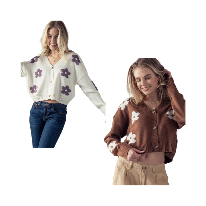 Flower Pattern Long Sleeve Loose Cropped Cardigan